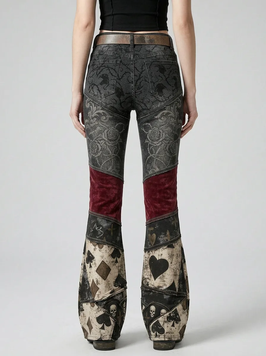 Noir Skull Rose Playing Card Style Women's Gothic Flare Pants