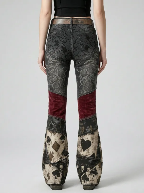 Noir Skull Rose Playing Card Style Women's Gothic Flare Pants