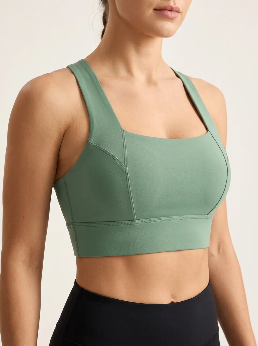 Women's Square Neck Zip Front Panel Detail Sports Bra
