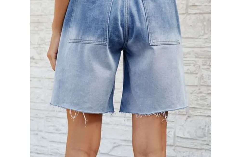 Buttoned Raw-Hem Denim Shorts with Pockets