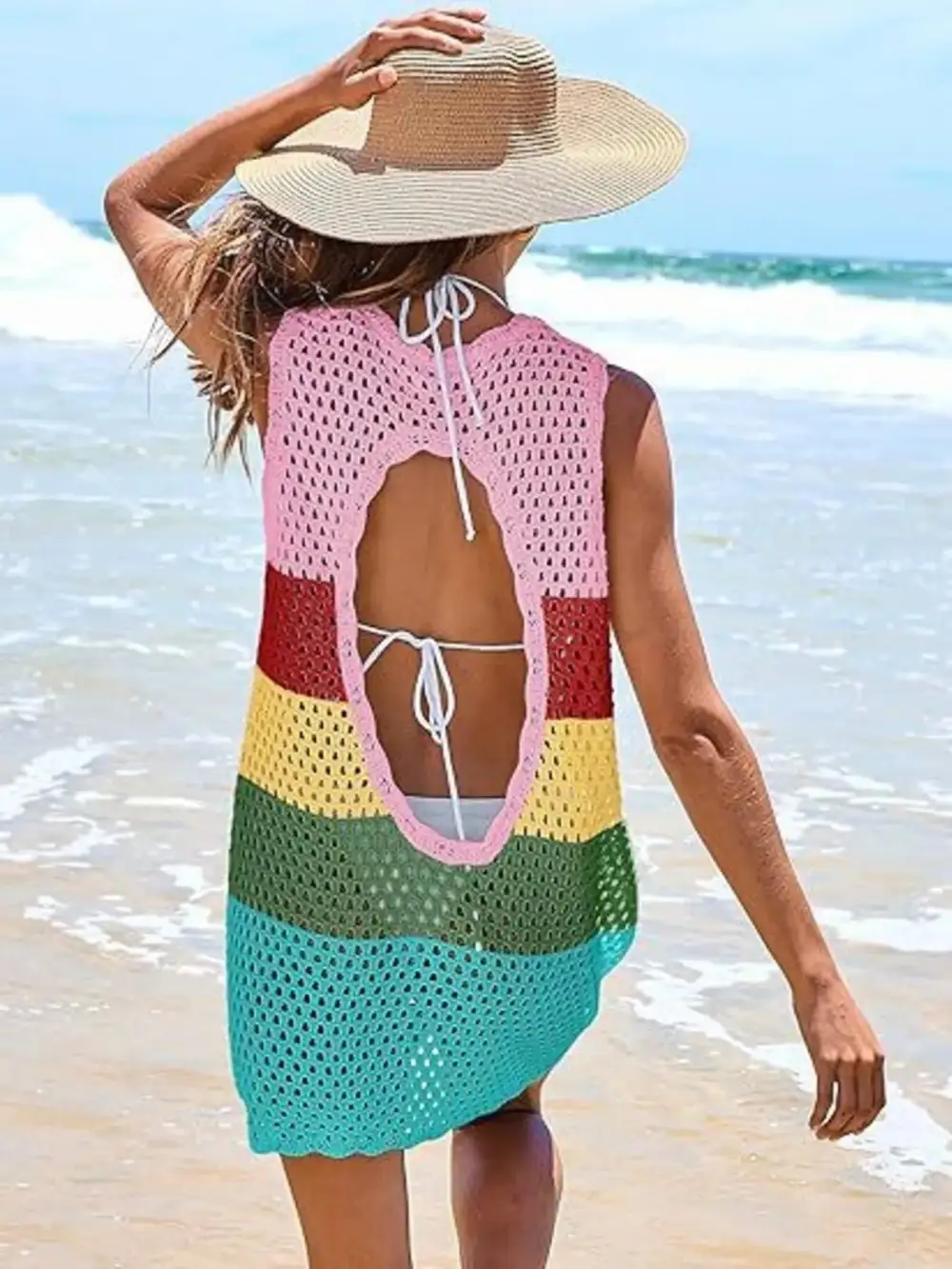Blocked Pattern Openwork Sleeveless Panel Detail Swim Cover Up