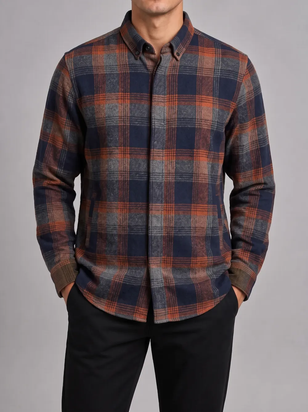 Men's Casual Style Navy Orange Plaid Pattern Printed Shirt