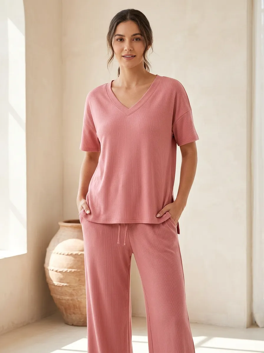 Short-Sleeve Ribbed Women's V-Neck Shirt