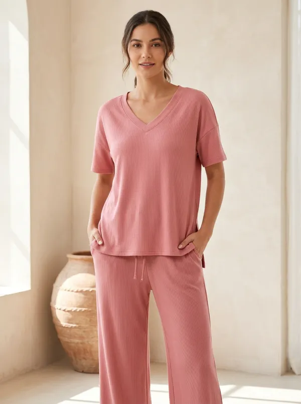 Short-Sleeve Ribbed Women's V-Neck Shirt
