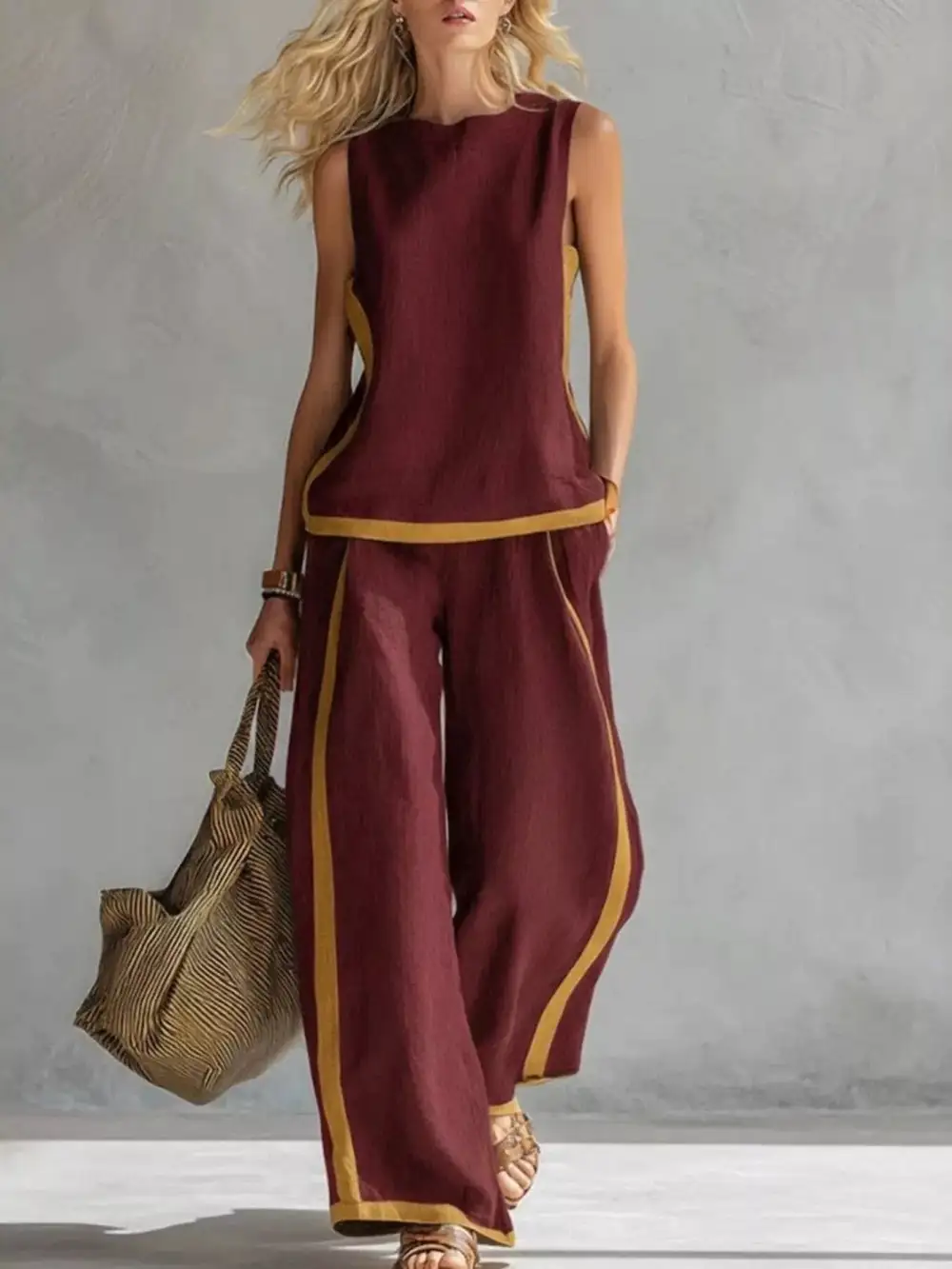 Full Size Contrast Stripe Sleeveless Top & Wide Leg