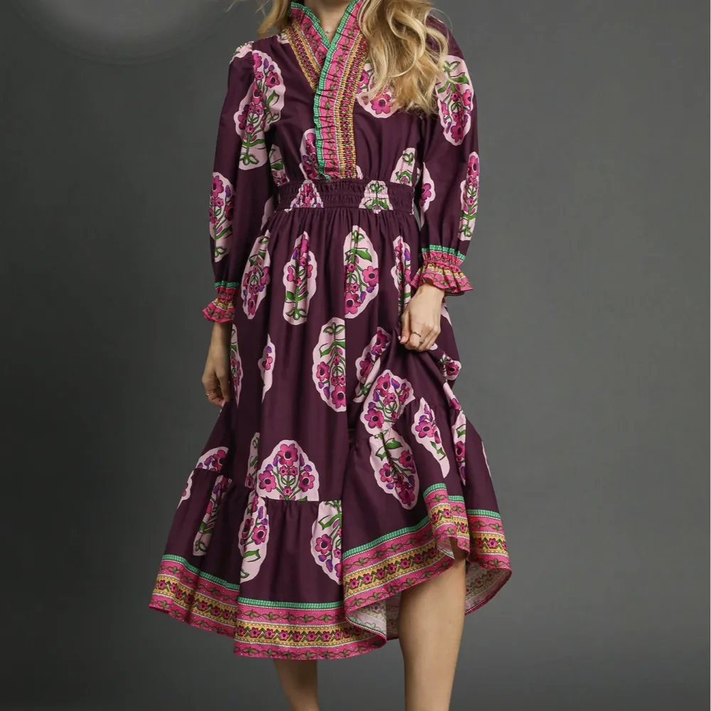 Polished Floral Smocked Tiered Ruffle Detail Dress