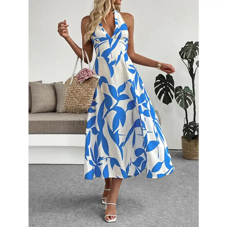 Leaf Print Halter Neck Midi Dress