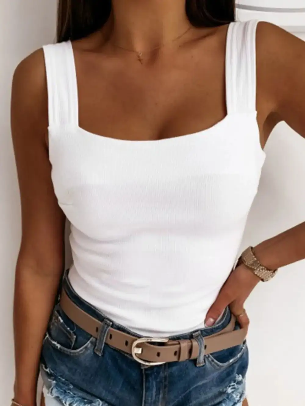 Square-Neck Wide-Strap  Tank Top