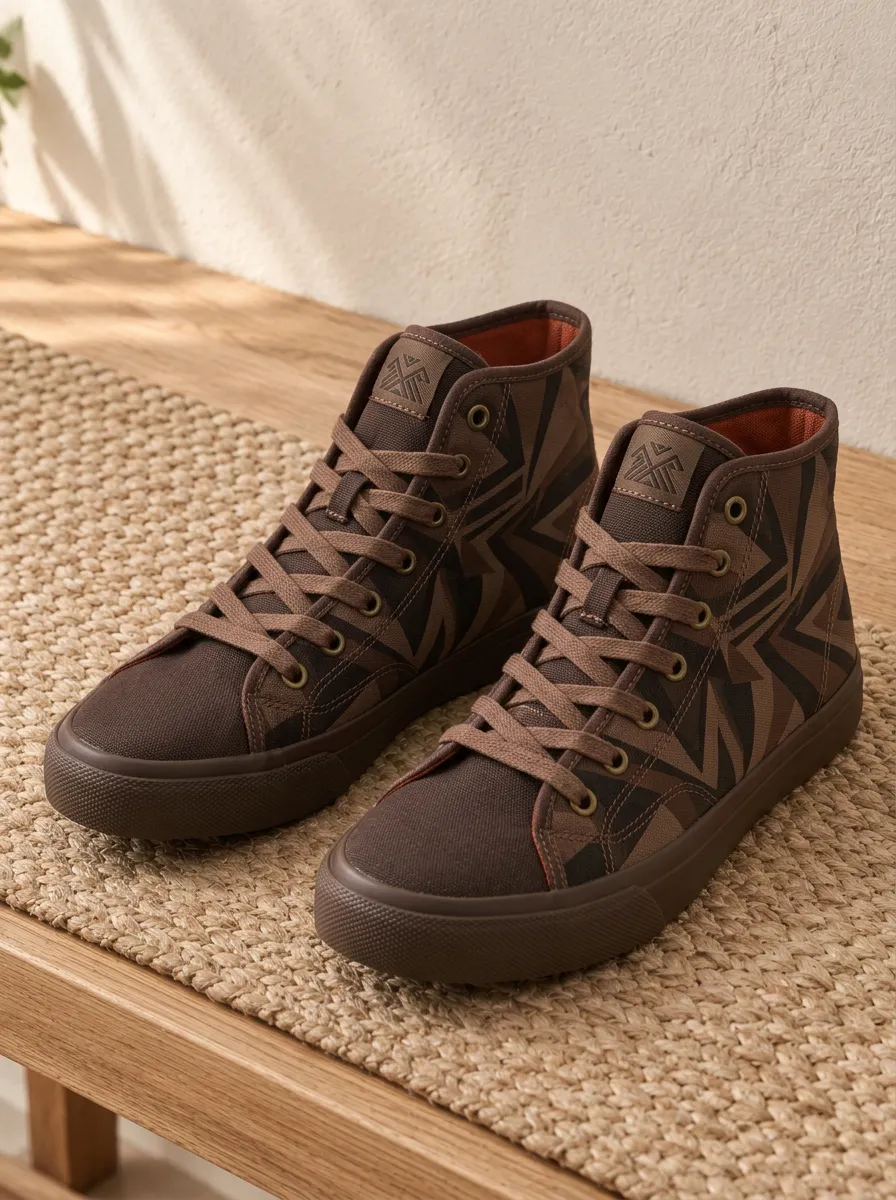 Men's Geometric Tribal Brown Printed Canvas High Top Shoes