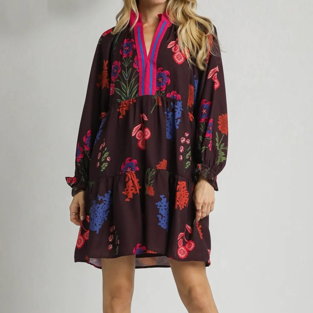 Modern Floral Striped Tiered Ruffle Detail Dress