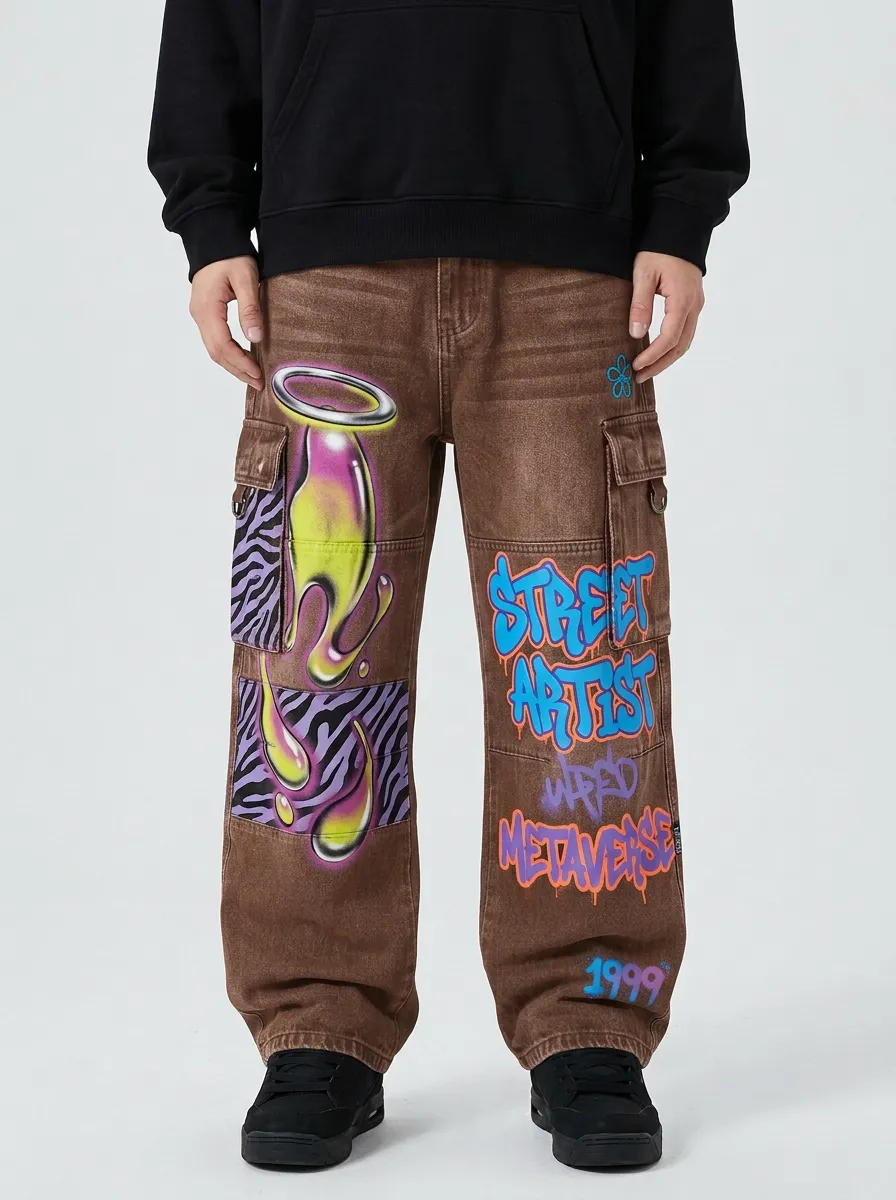Men's Streetwear Graffiti Zebra Print Urban Art Cargo Jeans