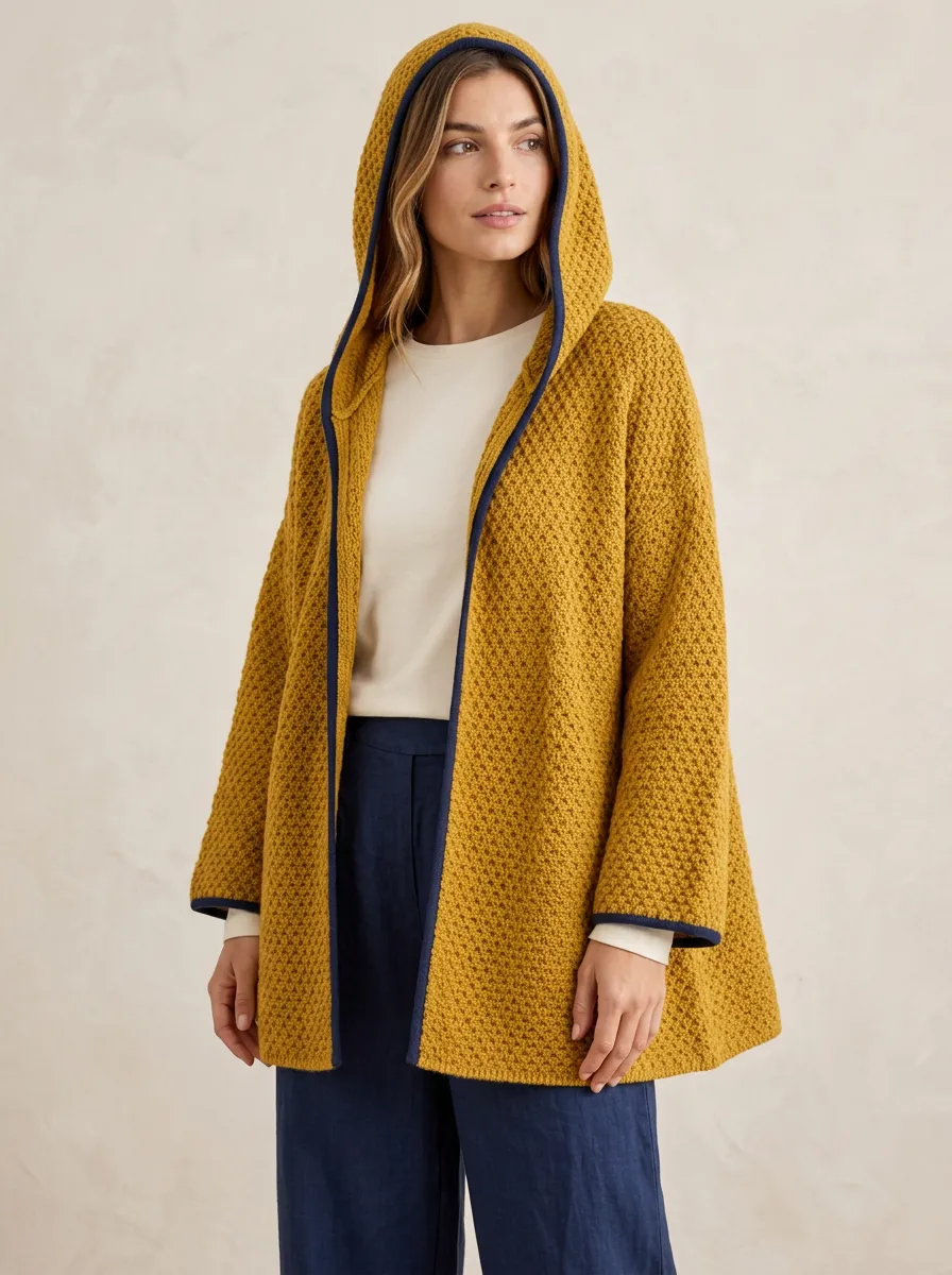 Women's Honeycomb-Knit Open-Front Hooded Cardigan