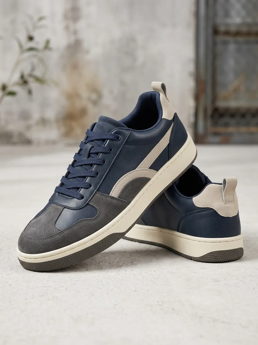Men's Casual Navy Grey Suede Leather Colorblock Sneakers