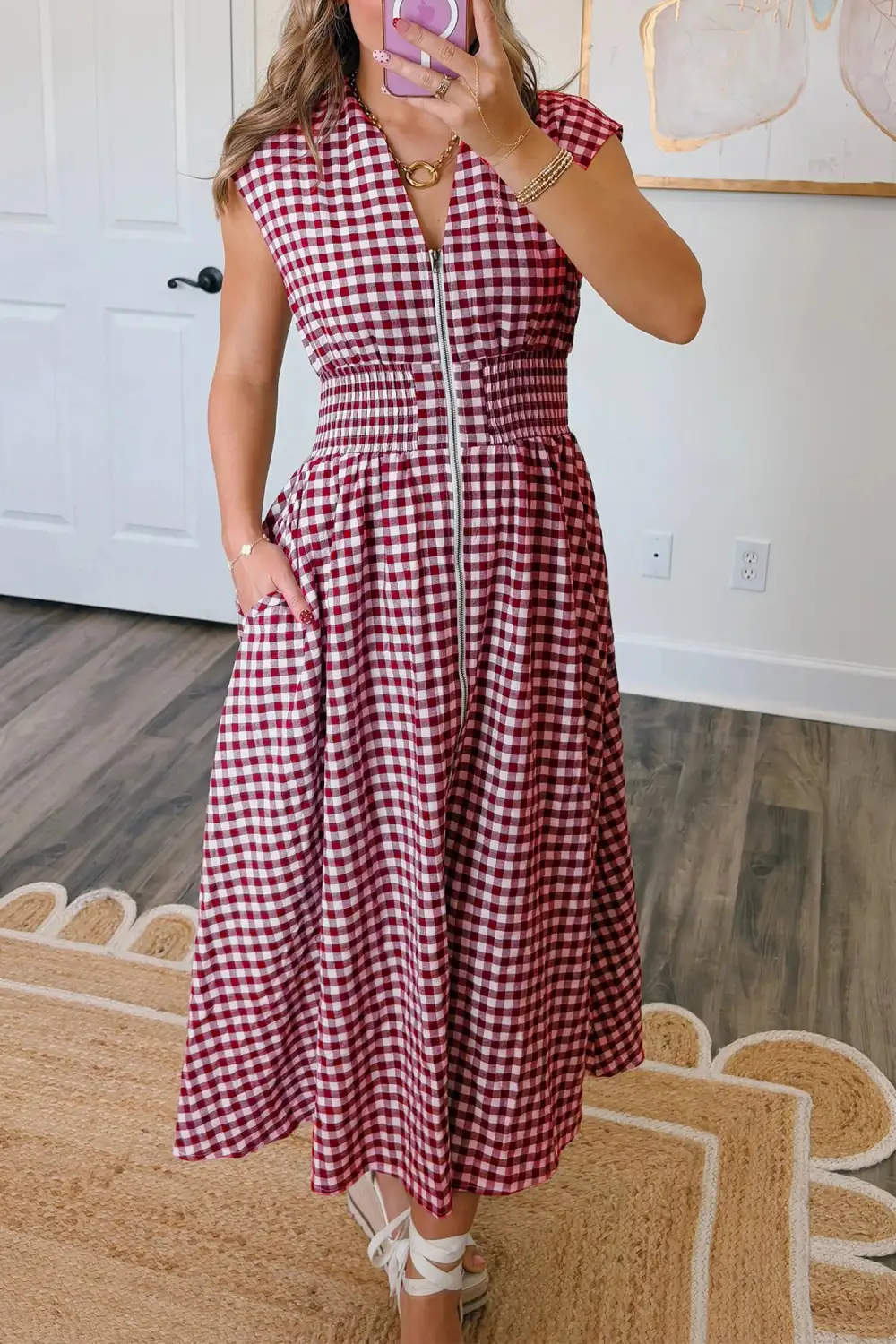 Plaid Print Full Zipper Cinched Waist Fit Flare Sleeveless