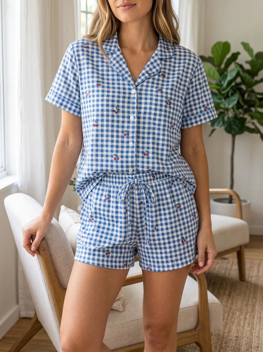 Women's Cherry Gingham Notch Collar Pajama Set