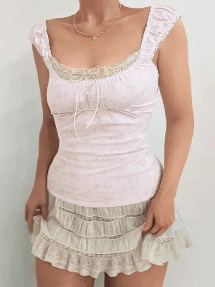 Crew-Neck Ruched Lace Floral Tank Top