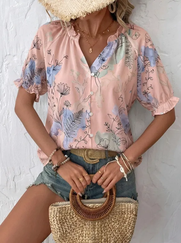 Women's Botanical Watercolor Floral Printed V-Neck Blouse
