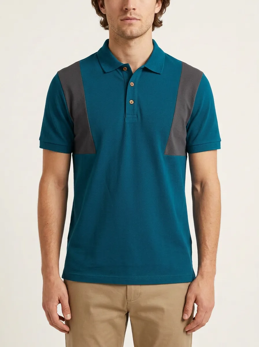 Men's Colorblock Geometric Panel Navy Grey Polo Shirt