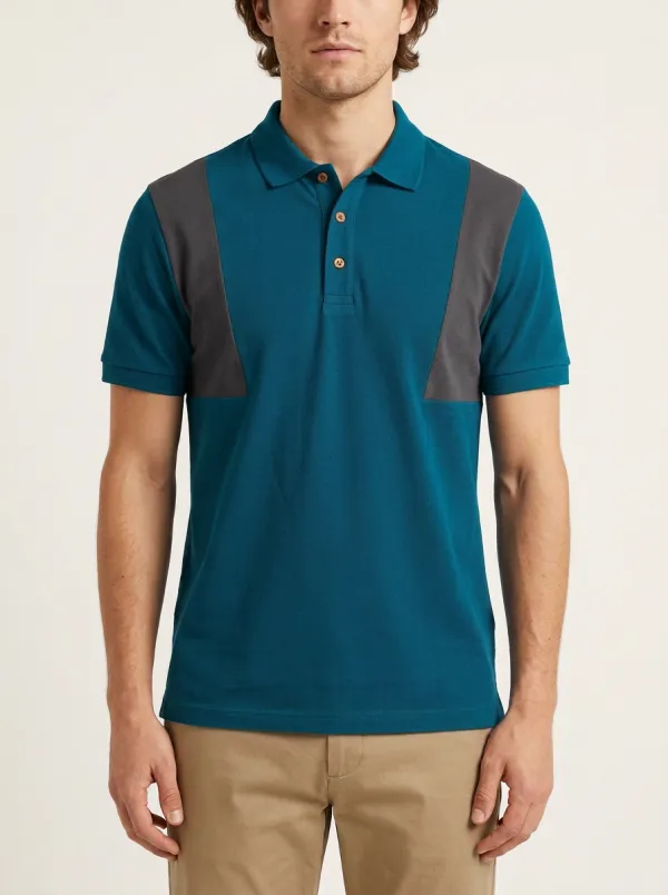 Men's Colorblock Geometric Panel Navy Grey Polo Shirt