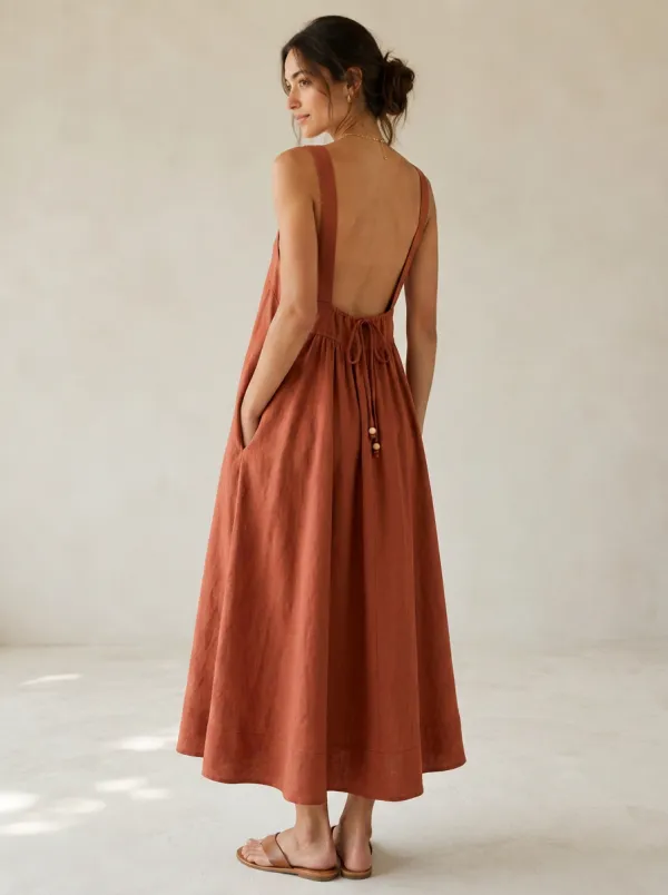 Women's Boho Linen Midi Backless Dress