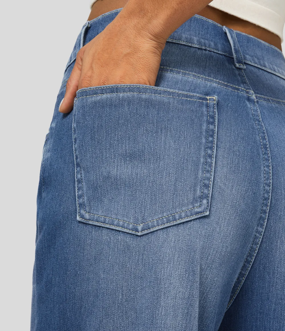 Magic High Waisted Multiple Pockets Washed Stretchy Knit Casual Boyfriend Jeans