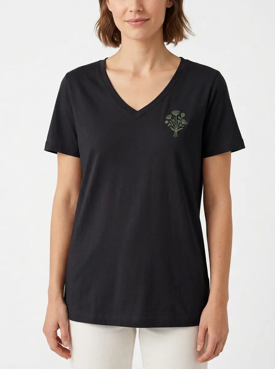 Women's Left-Chest Botanical-Embroidered V-Neck T-Shirt
