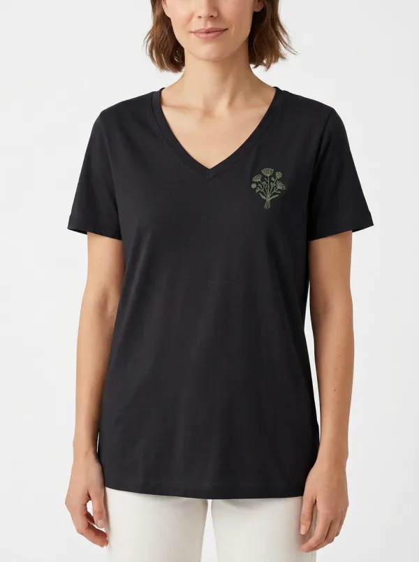 Women's Left-Chest Botanical-Embroidered V-Neck T-Shirt