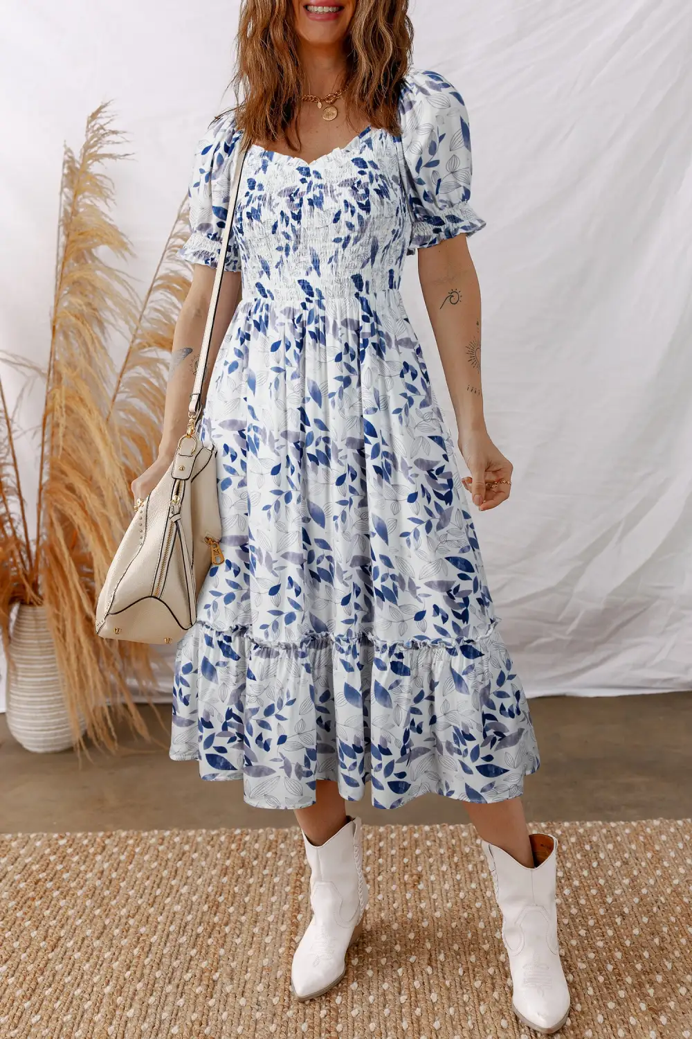 Smocked Bodice Short Puff Sleeve Tiered Midi Dress