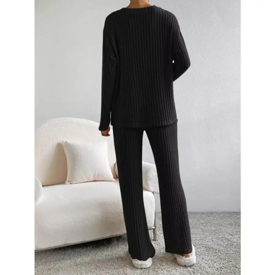 Classic Ribbed Knit Long Sleeve Top and Pants Set