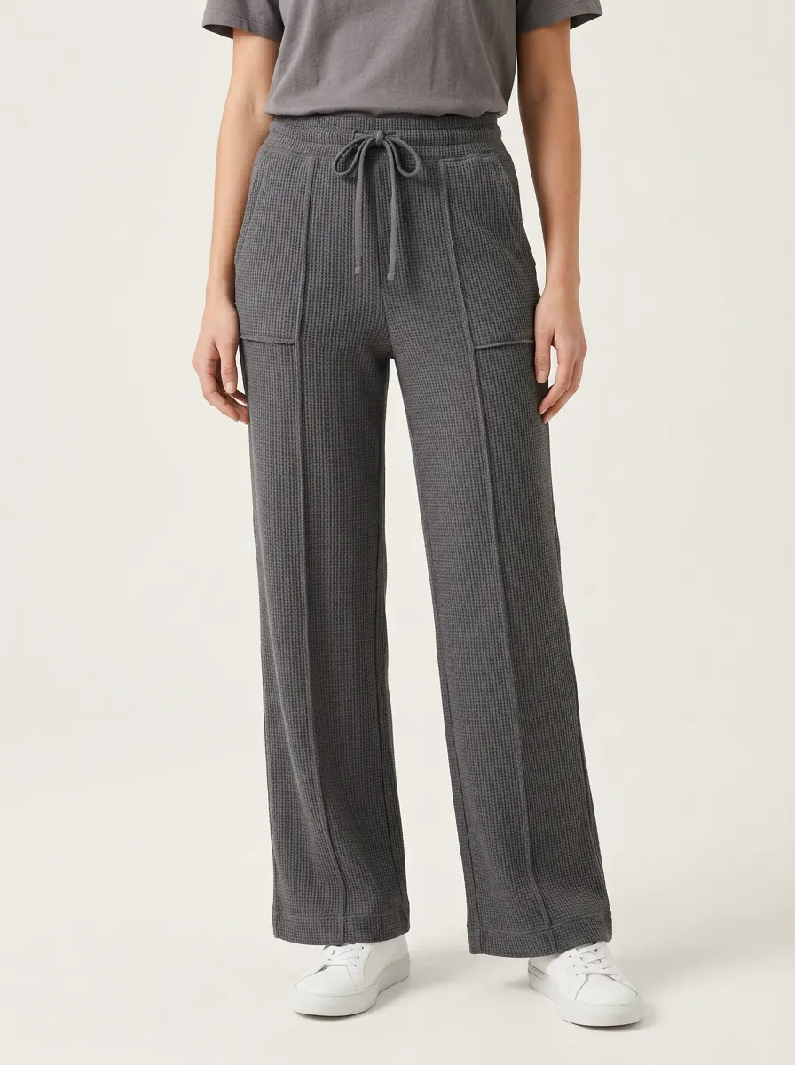 Women's Casual Lounge Waffle Knit Drawstring Wide Leg Pants