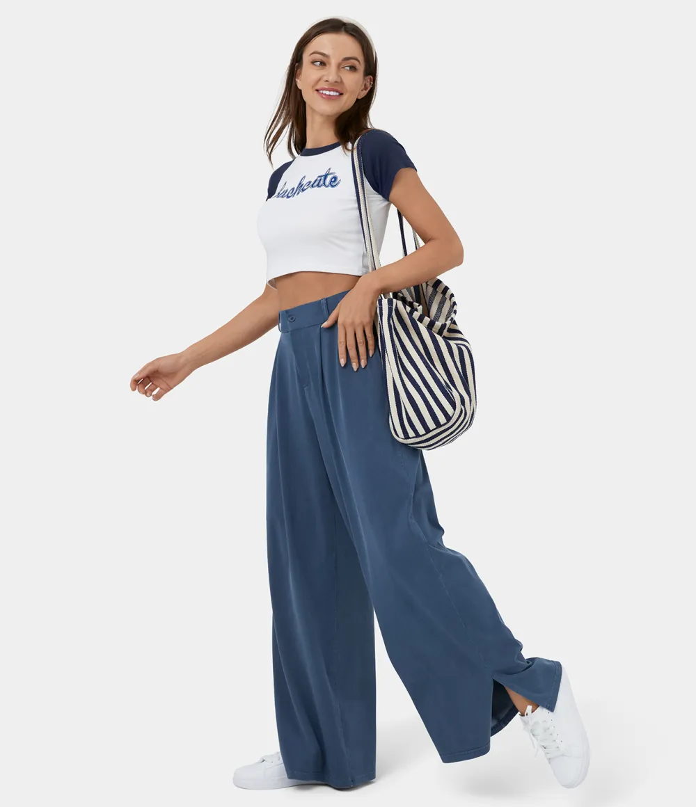 High Waisted Button Zipper Plicated Side Pocket Split Hem Wide Leg Casual Pants