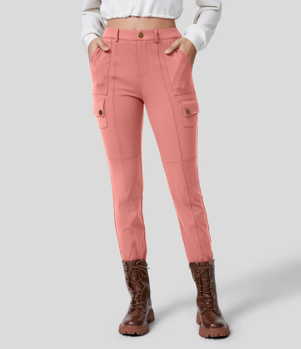 High Waisted Button Zipper Multiple Pockets Solid Skinny Cargo Pants