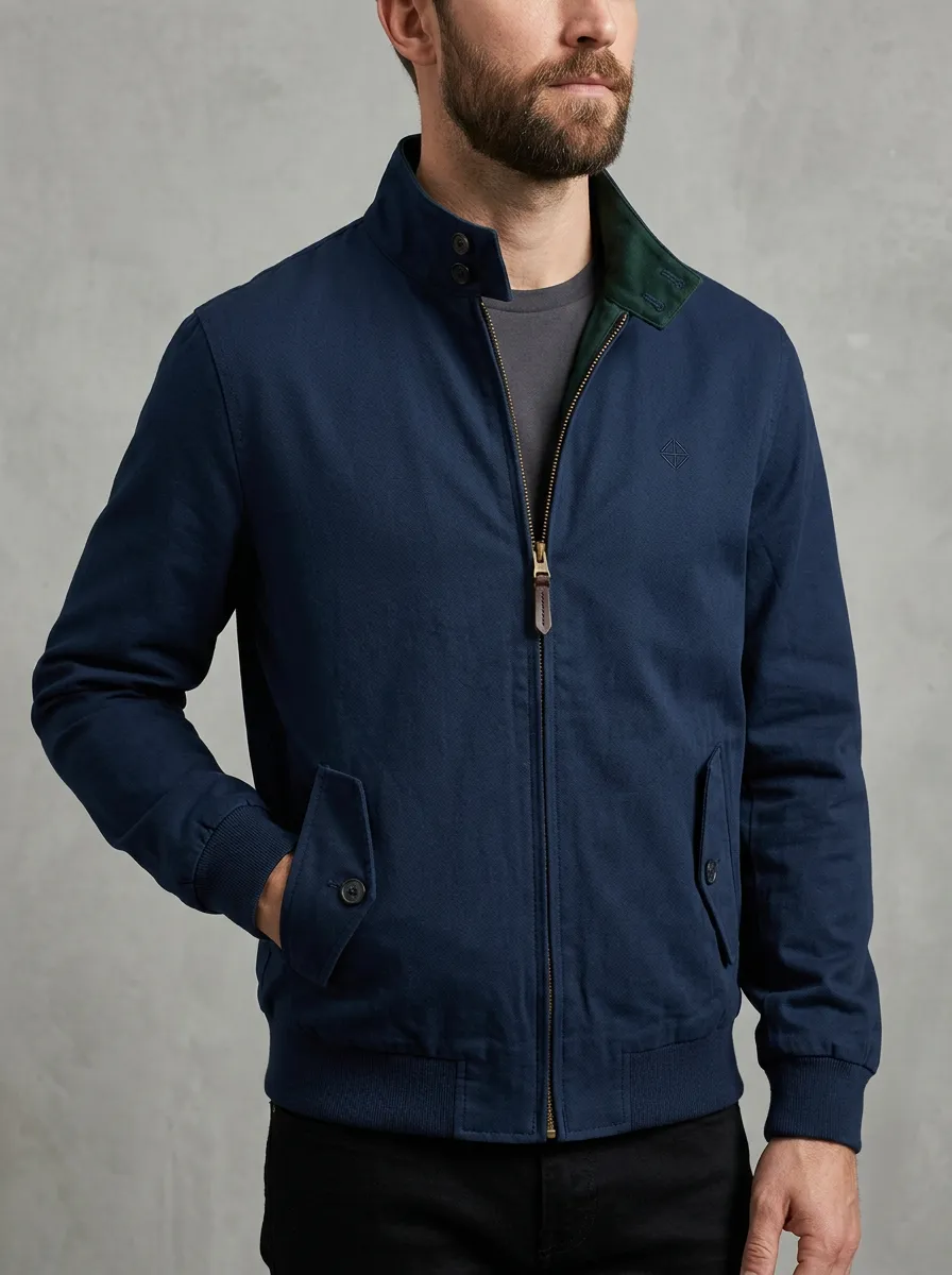 Men's Casual Navy Blue Stand Collar Zip-Up Harrington Jacket