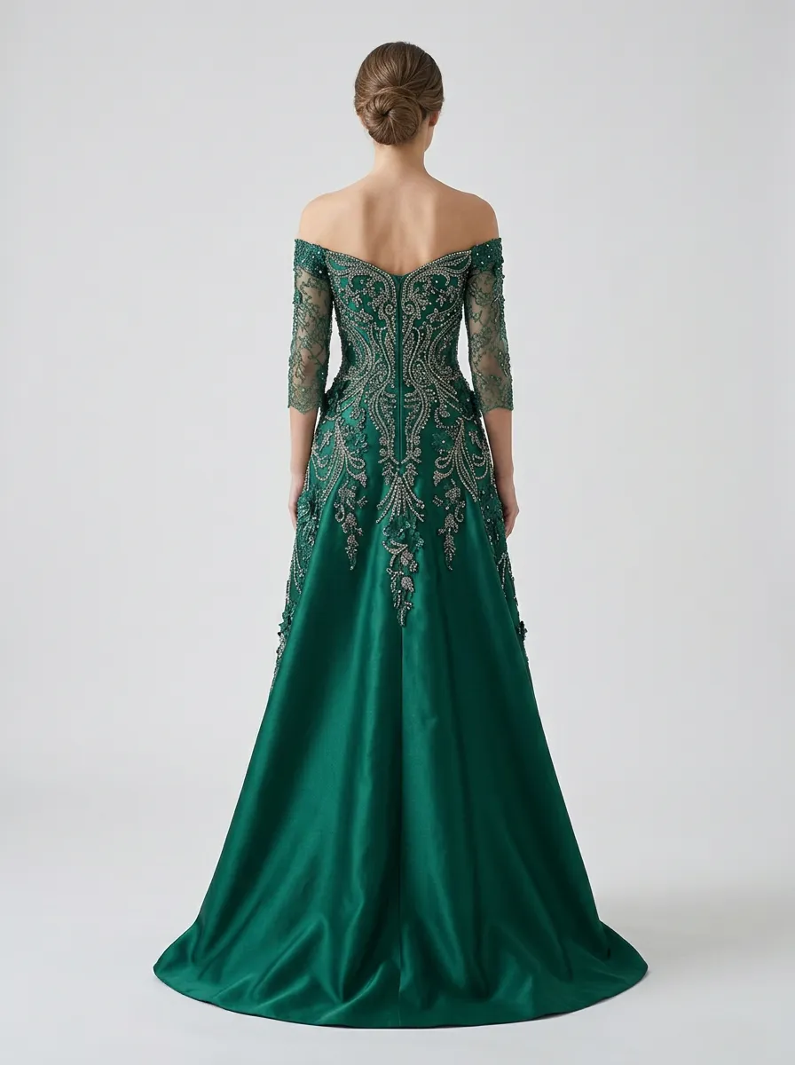 Women's Off-Shoulder Beaded Lace Evening Gown