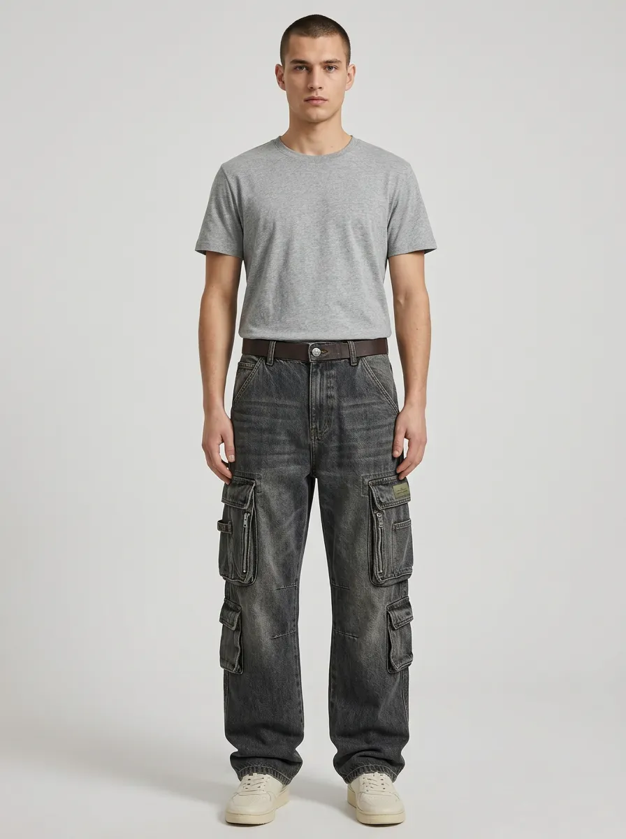 Men's Washed Charcoal Multi-Pocket Cargo Cargo Pants