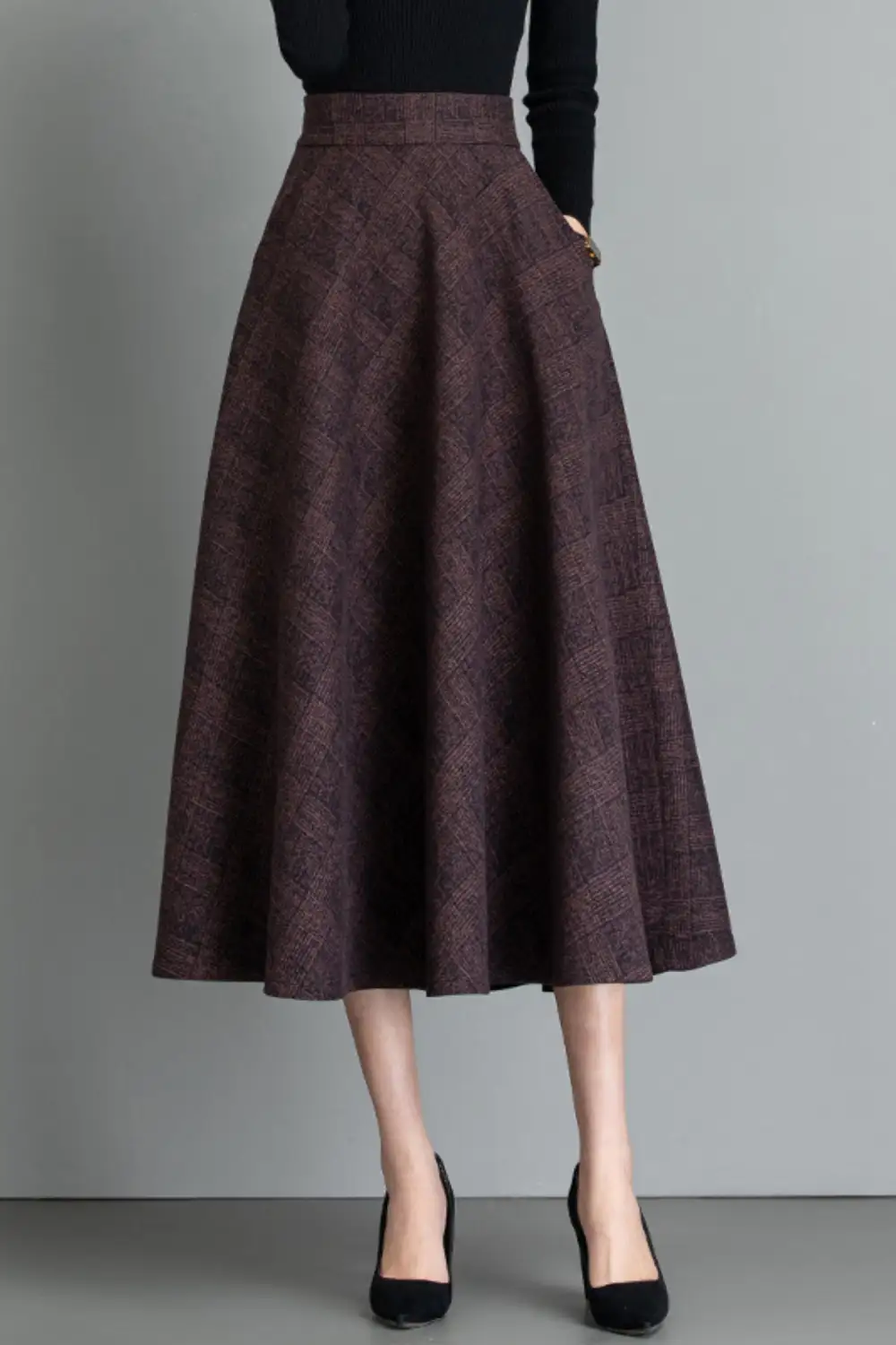 Checkered Wool Blend High Waist Midi Skirt