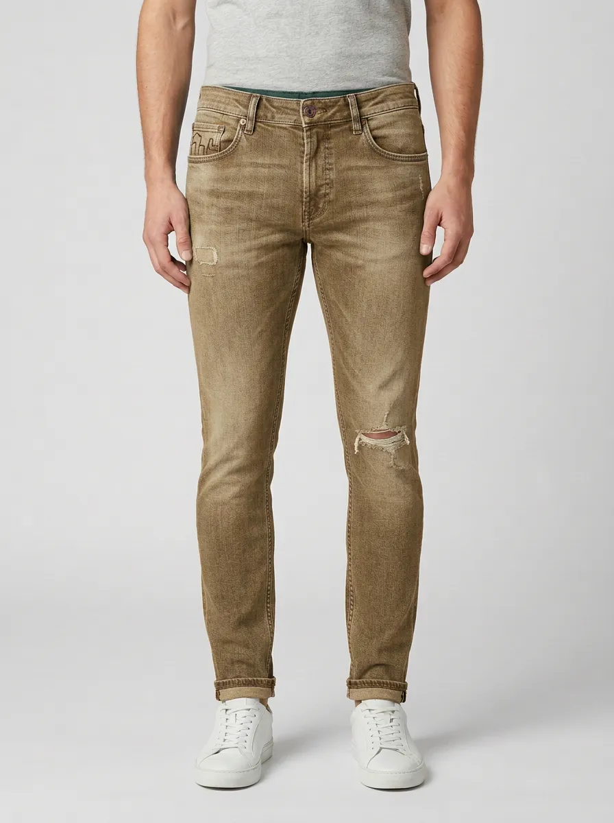 Men's Mid-Blue Distressed Faded Blue Ripped Slim Fit Jeans