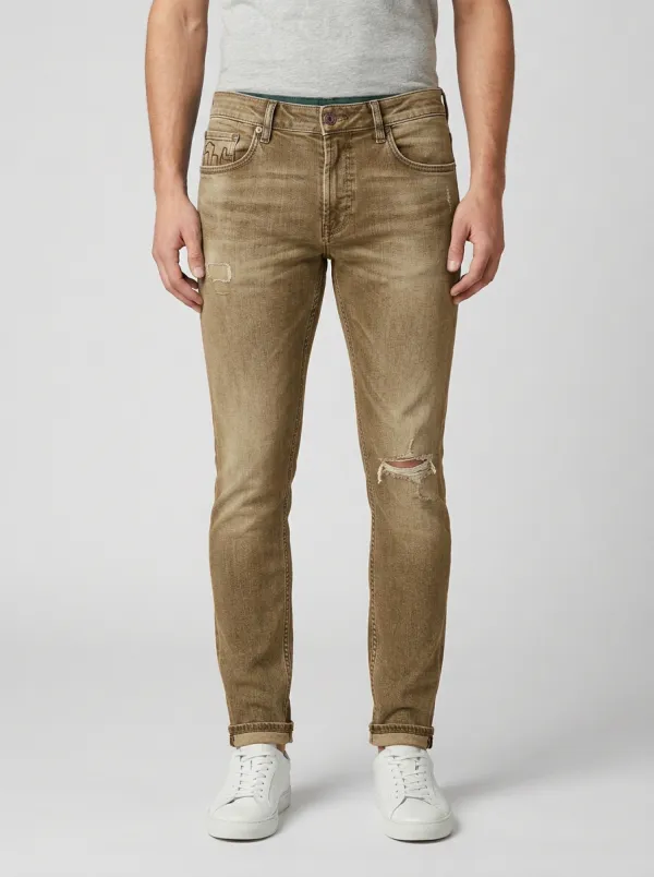 Men's Mid-Blue Distressed Faded Blue Ripped Slim Fit Jeans