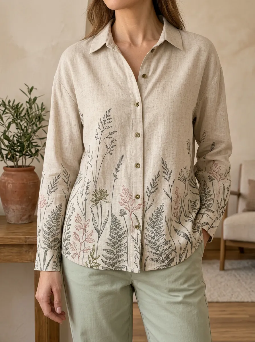 Women's Wilderness Botanical Nature Lover Wildflower Linen Shirt