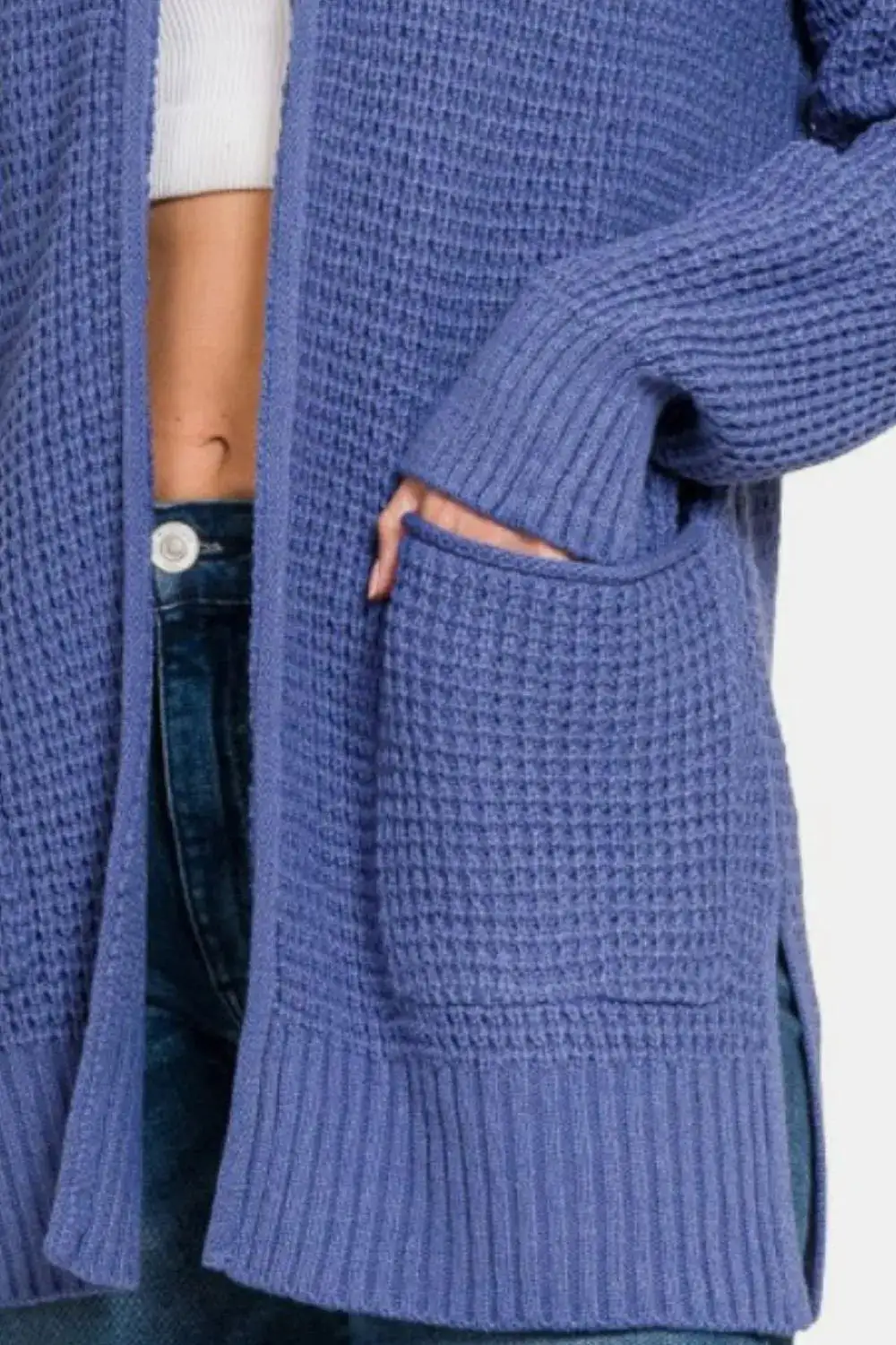 Classic Open Front Textured Pocket Detail Knit Cardigan