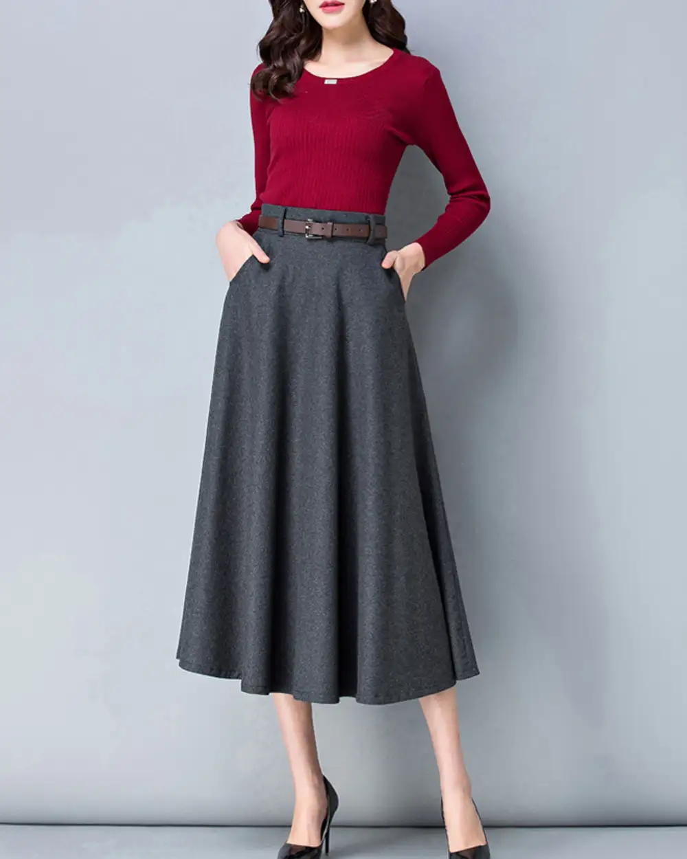Belted Wool Flared Maxi Skirt