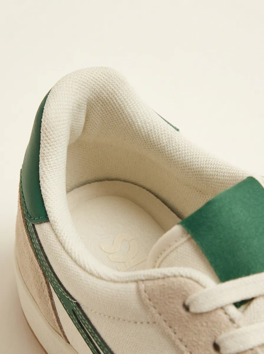 Unisex Beige Green Striped Suede-Look Sneakers