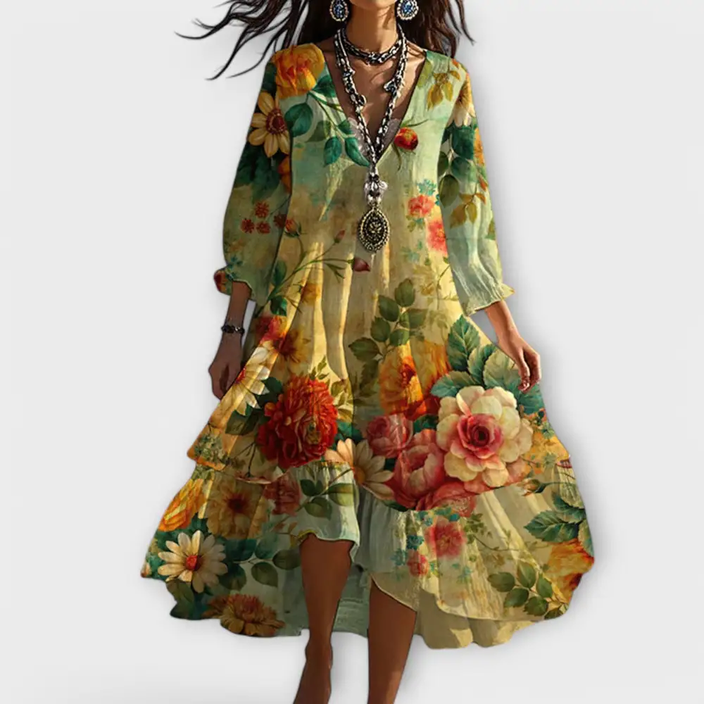  Floral Boho V Neck Dress