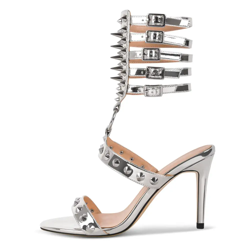 Round Toe Rivet Multi Buckle Strap Sandals