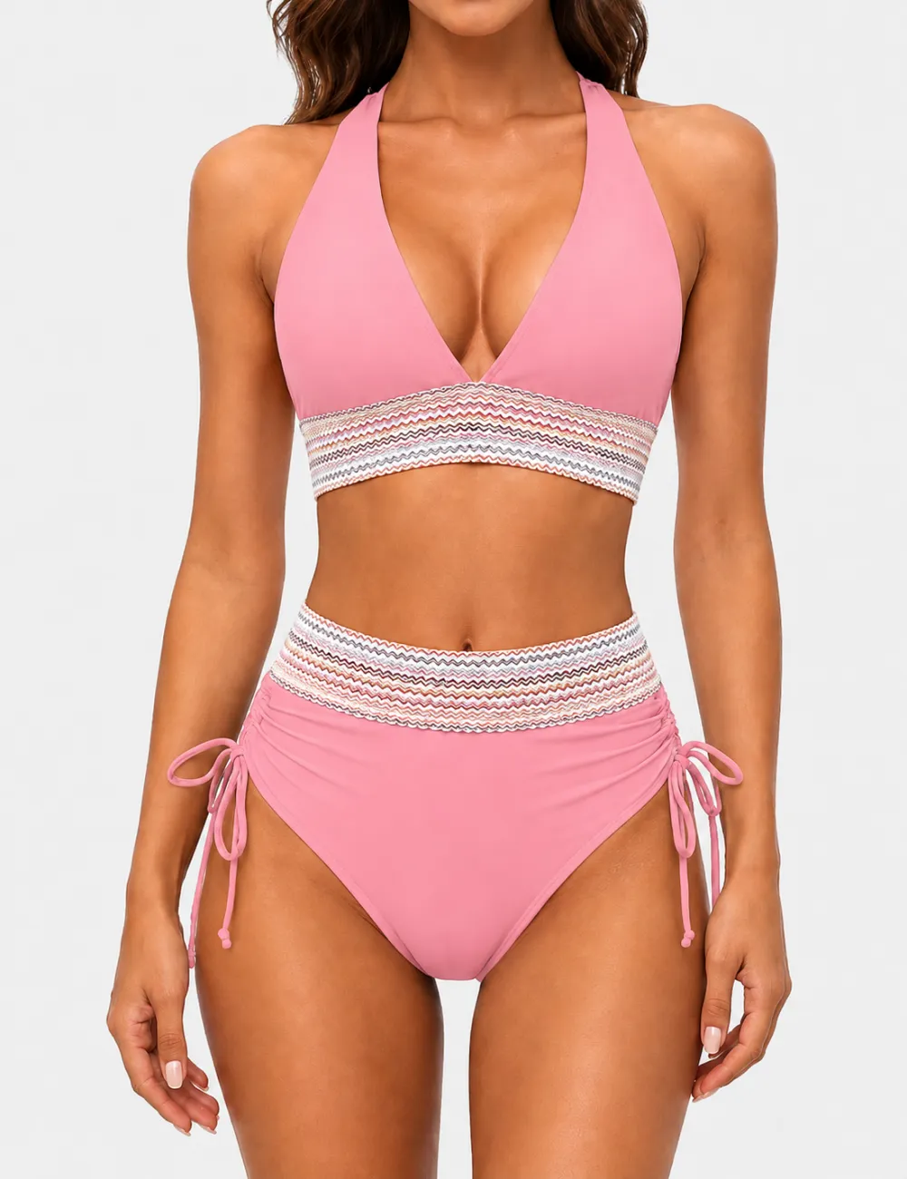 Deep V Neck Colorful Zigzag Smocked Trim Bikini Set