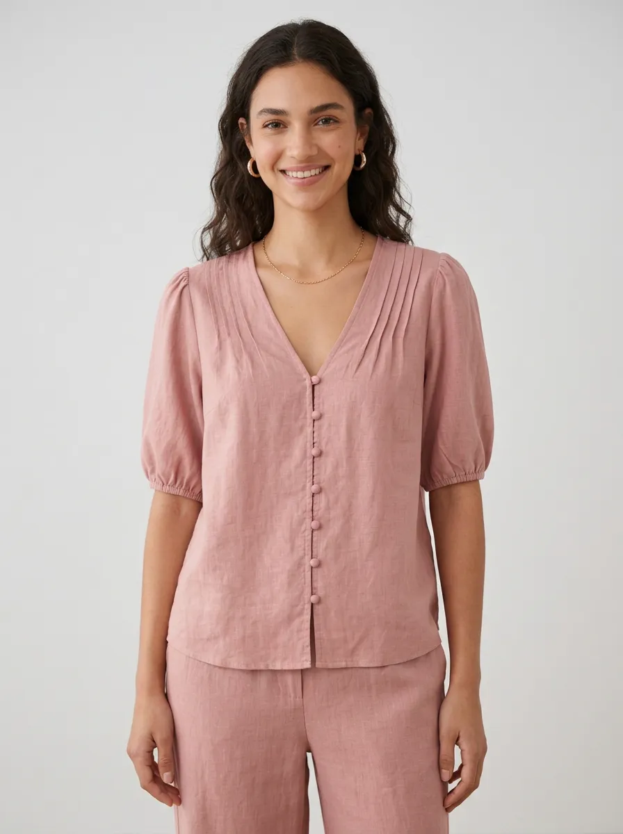 Short-Sleeve Pleated Button-Down Women's V-Neck Blouse
