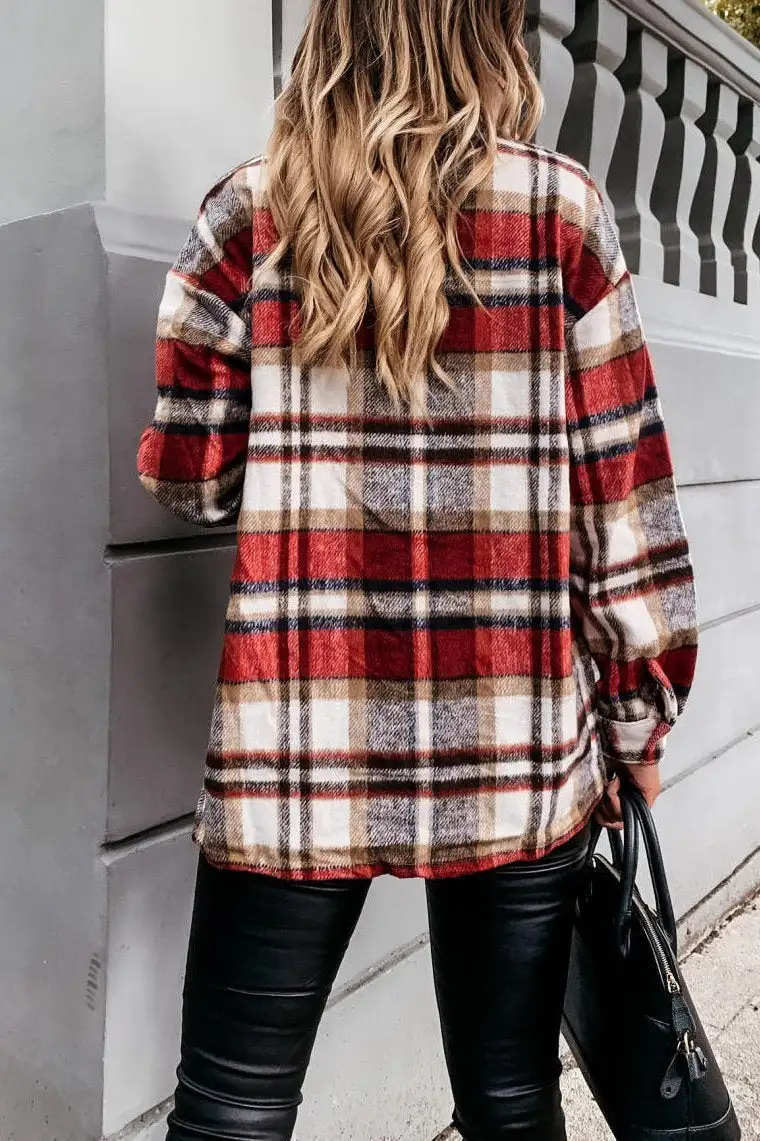Casual Lapel  Button Plaid Pocket Coat