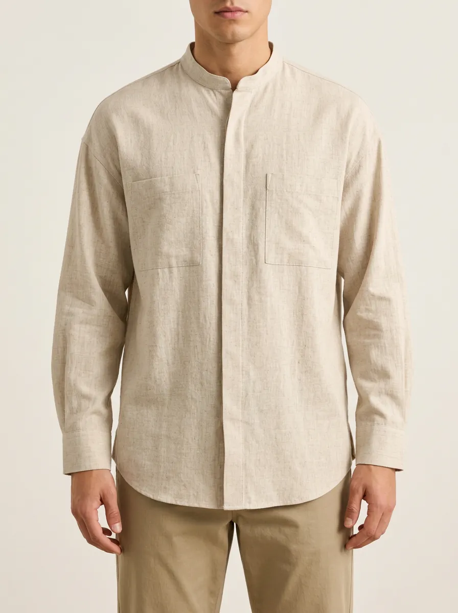 Unisex Everyday Beige Shirt with Mandarin Collar