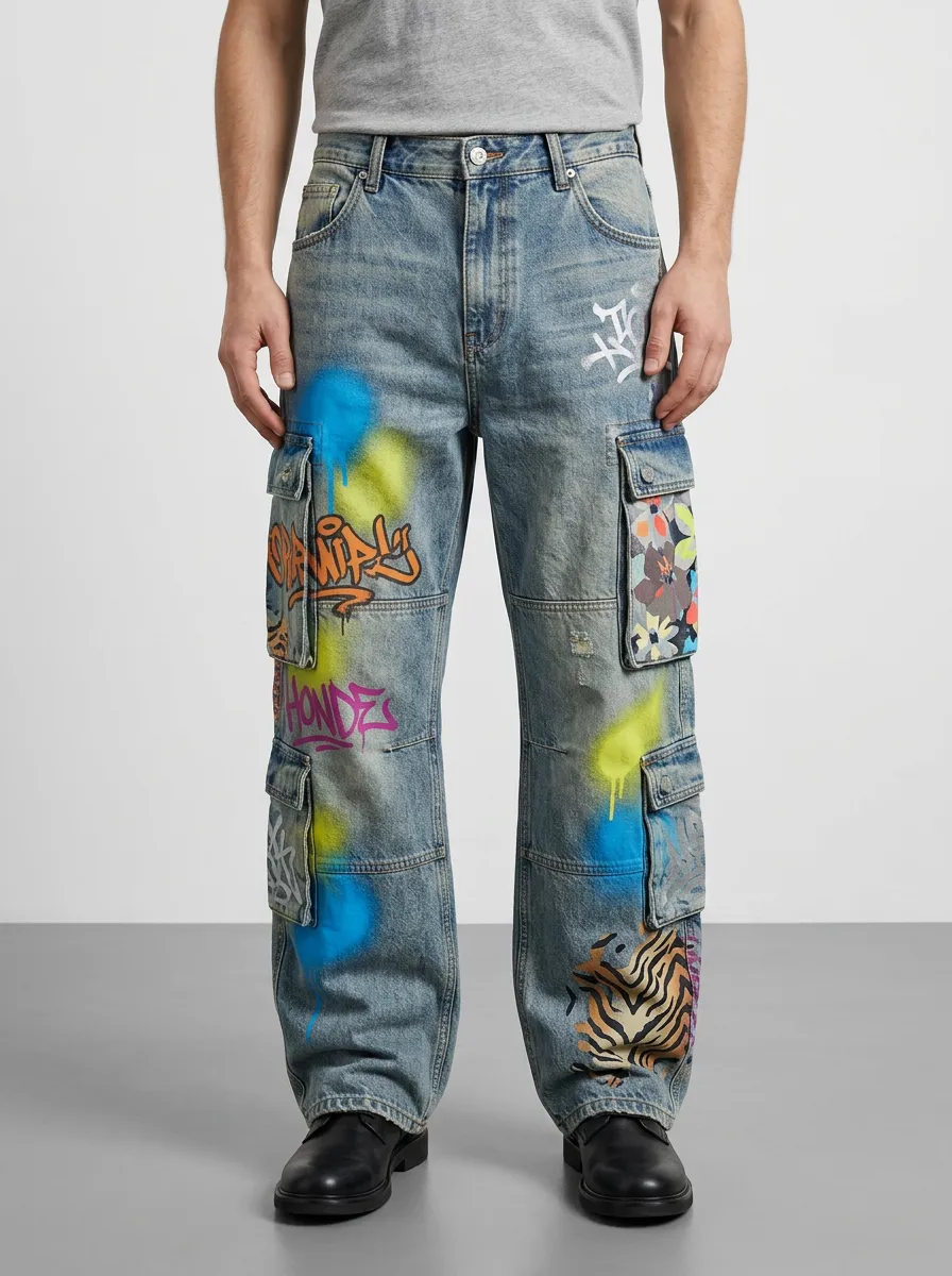 Men's Streetwear Graffiti Tiger Print Art Print Cargo Jeans