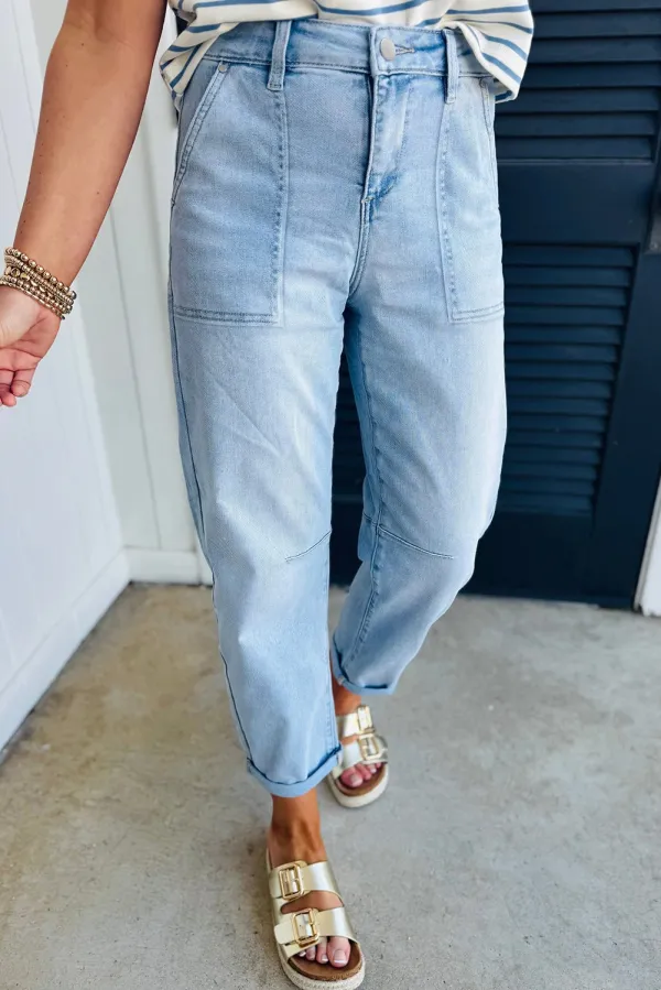 High Waist Relaxed Fit Patch Pocket Casual Jeans